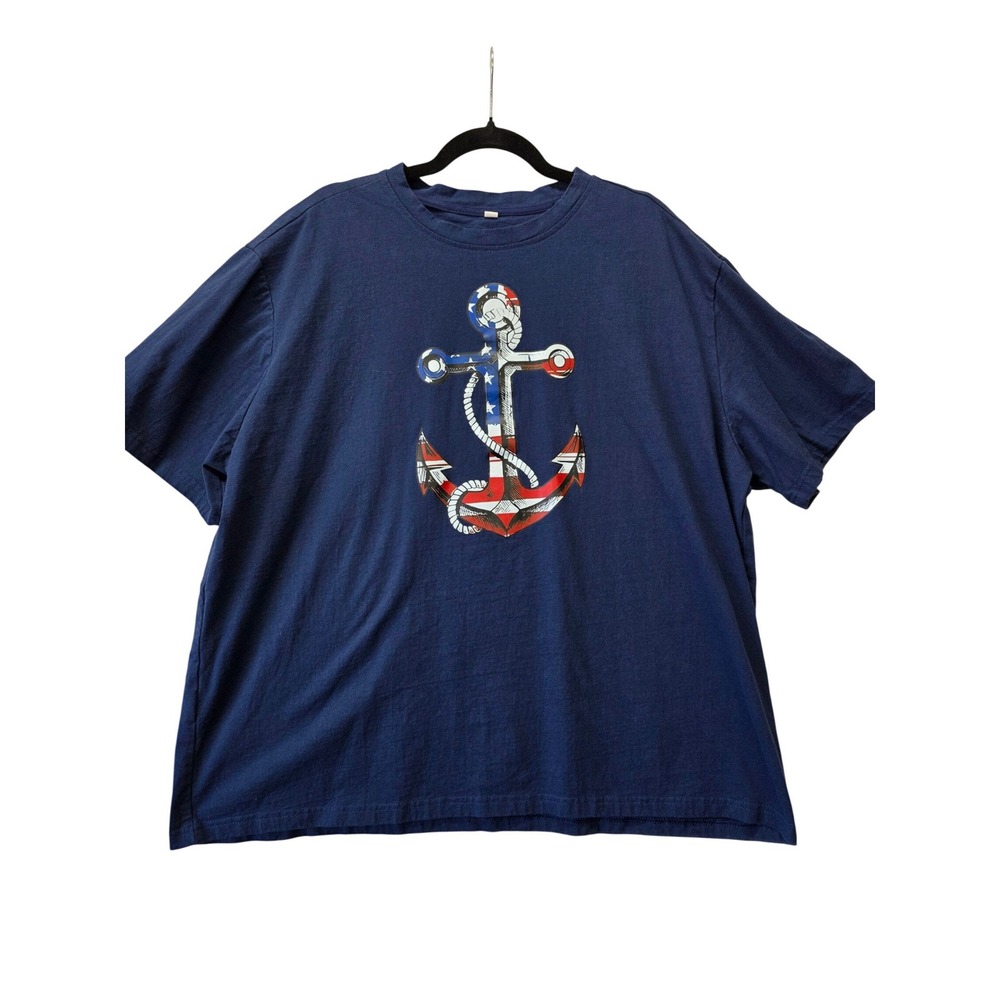 Mens Navy Blue Anchor American Flag Graphic T-Shirt 100% Cotton 3XL Patriotic